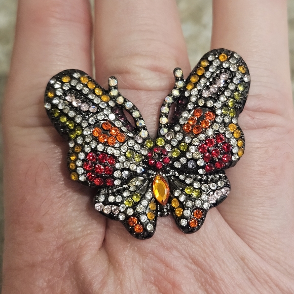 Hematite Butterfly Multicolor Crystal Rhinestone Stretch Ring - Picture 3 of 7